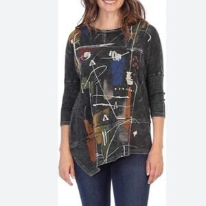 Jess & Jane Whitney Tunic Top Womens L Charcoal Abstract Asymmetrical 3/4 Sleeve